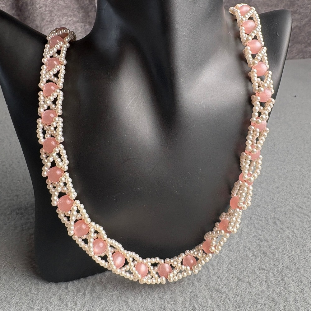 Vintage Hand Woven Pink and Cream Faux Pearl Lattice Bead Necklace 32 Inch